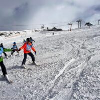 Wat niemand je vertelt over werken als skilerares in Oostenrijk Kinderen oefenen skiën in blauwe groep met skileraar in Oostenrijk