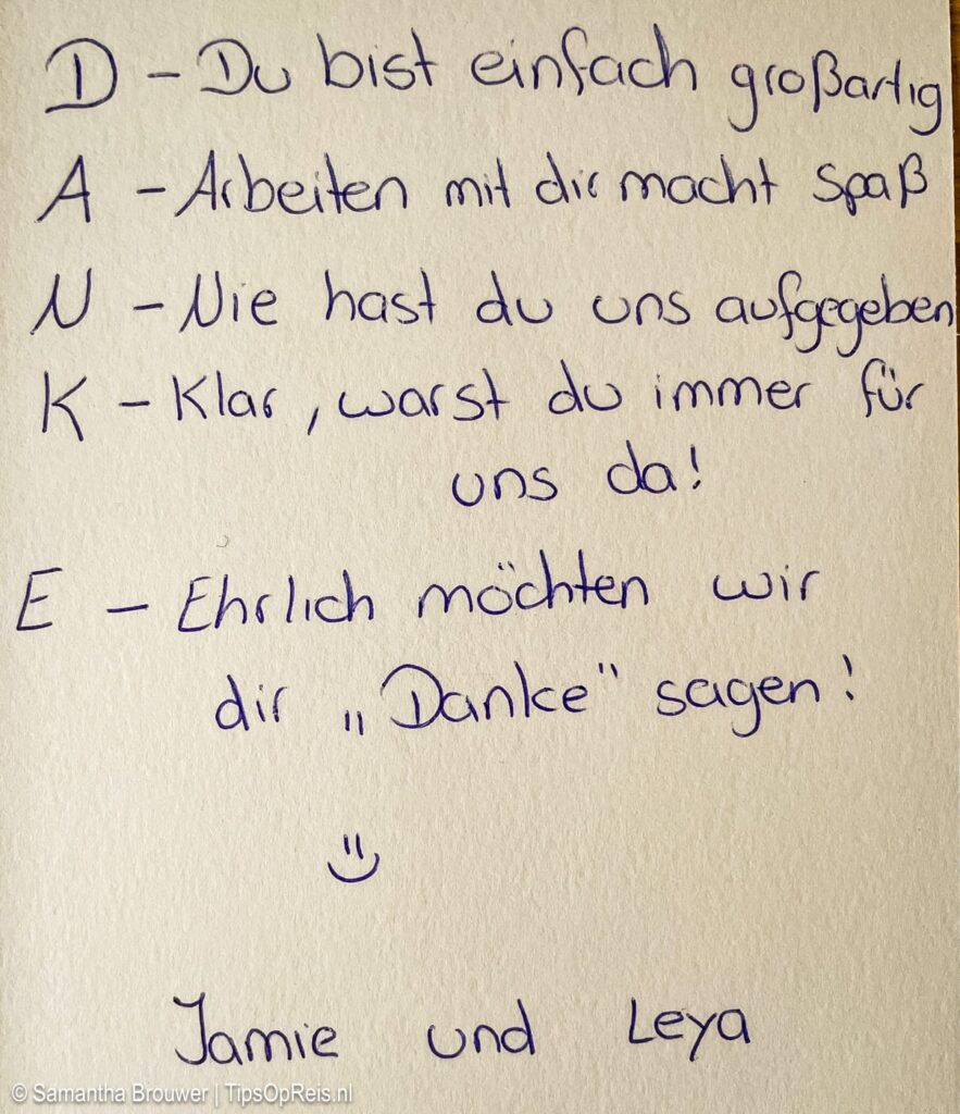 Lieve tekst in het kaartje als afscheid